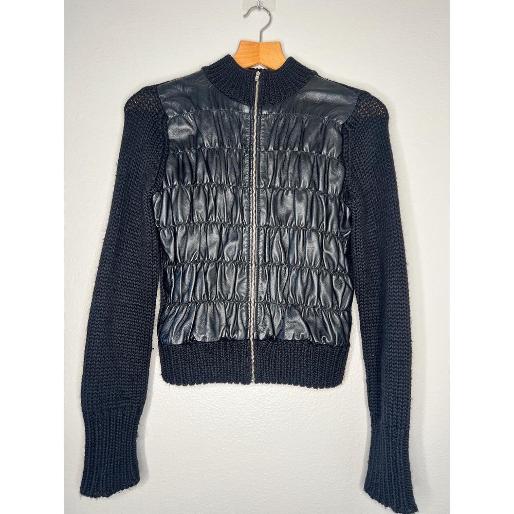 Moda International Leather Knit Mixed Media Jacket Black Wool Blend Small